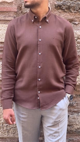 Slim Fit Uzun Kol Müslin Pamuk Rahat Nefes Alabilen Kumaştan Yaka Düğmeli Hediye Kutulu Erkek Gömlek FS-004202 - Kahverengi