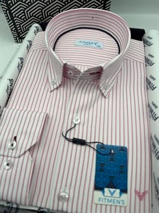 Slim Fit Uzun Kol Premium Çizgili Yaka Düğmeli Hediye Kutulu Erkek Gömlek FS-004440 - Pembe