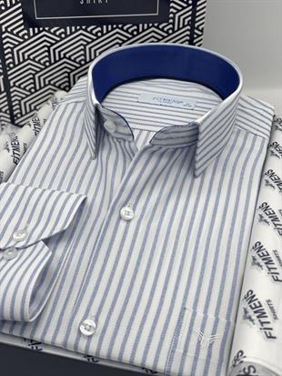 Klasik Uzun Kol Çizgili Hediye Kutulu Erkek Gömlek FS-003864 - Beyaz Saks Mavi
