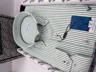 Slim Fit Uzun Kol Premium Çizgili Yaka Düğmeli Hediye Kutulu Erkek Gömlek FS-004440 - Yeşil