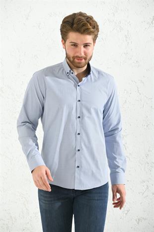Slim Fit Uzun Kol Pöti Kareli Yaka Düğmeli Hediye Kutulu Erkek Gömlek FS-001373 - Gri