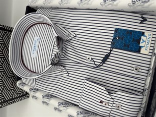 Slim Fit Uzun Kol Premium Çizgili Yaka Düğmeli Hediye Kutulu Erkek Gömlek FS-004440 - Lacivert