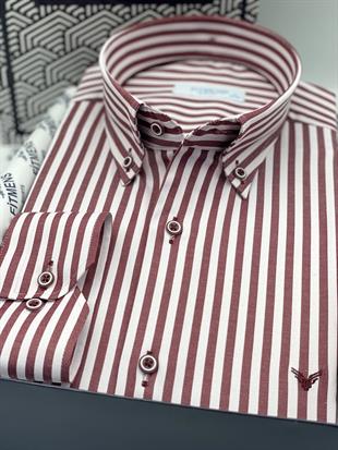 Slim Fit Uzun Kol Likralı Çizgili Yaka Düğmeli Hediye Kutulu Erkek Gömlek FS-003669 - Bordo