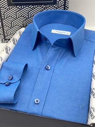 Slim Fit Uzun Kol Saten Hediye Kutulu Kolay Ütülenebilir Erkek Gömlek FS-002968 - Saks Mavi