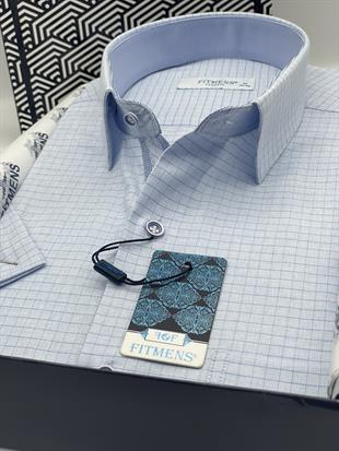 Klasik Kısa Kol Keten Cotton Kareli Pamuk Hediye Kutulu Erkek Gömlek FS-003009 - Açık Mavi