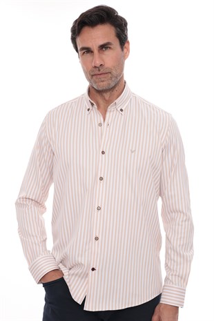 Slim Fit Uzun Kol Likralı Çizgili Yaka Düğmeli Hediye Kutulu Erkek Gömlek FS-003669 - Bej