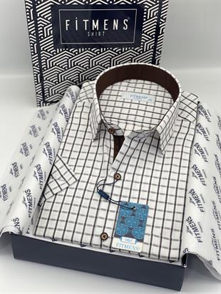 Klasik Kısa Kol Kareli Hediye Kutulu Erkek Gömlek FS-004155 - Beyaz Kahve