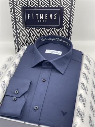 Slim Fit Uzun Kol Ömür Boyu Yakandayım Nakışlı Hediye Kutulu Erkek Gömlek FS-001376 - Lacivert