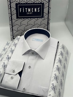 Klasik Uzun Kol Keten Cotton Hediye Kutulu Erkek Gömlek FS-001261 - Beyaz Lacivert