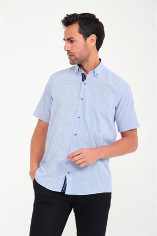 Klasik Kısa Kol Çarpı Filafil Desen Düğmeli Yaka Hediye Kutulu Erkek Gömlek FS-001215 - Koyu Lacivert