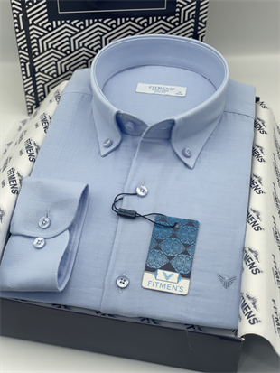 Slim Fit Uzun Kol Müslin Pamuk Rahat Nefes Alabilen Kumaştan Yaka Düğmeli Hediye Kutulu Erkek Gömlek FS-004202 - Açık Mavi