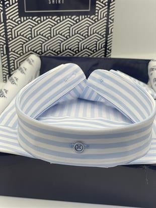 Slim Fit Uzun Kol Likralı Çizgili Yaka Düğmeli Hediye Kutulu Erkek Gömlek FS-003669 - Buz Mavi