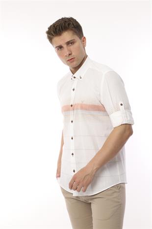 Slim Fit Uzun Kol Panolu Keten Hediye Kutulu Kolay Ütülenebilir Erkek Gömlek FS-002994 - Bej