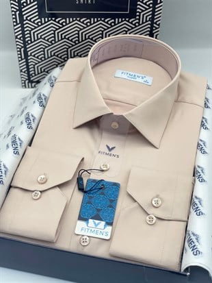 Klasik Uzun Kol Cepsiz Likralı Rahat Kumaş Erkek Gömlek FS-004517 - Bej