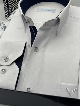 Klasik Uzun Kol Keten Cotton Hediye Kutulu Erkek Gömlek FS-001261 - Beyaz Lacivert