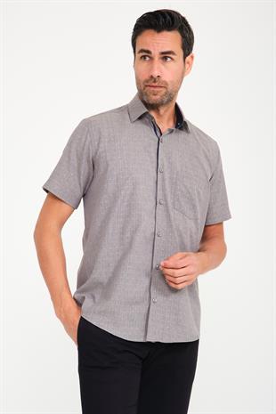 Klasik Kısa Kol Açık Zemin Kutu Desen Keten Cotton Hediye Kutulu Erkek Gömlek FS-000745 - Gri