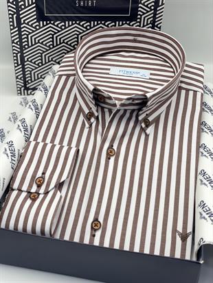 Slim Fit Uzun Kol Likralı Çizgili Yaka Düğmeli Hediye Kutulu Erkek Gömlek FS-003669 - Kahverengi