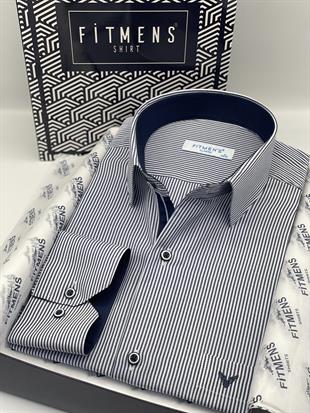 Klasik Uzun Kol İnce Çizgili Cepli Hediye Kutulu Erkek Gömlek FS-003317 - Lacivert