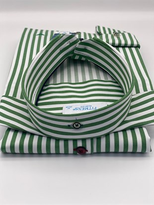 Slim Fit Uzun Kol Likralı Çizgili Yaka Düğmeli Hediye Kutulu Erkek Gömlek FS-003669 - Yeşil