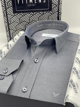 Slim Fit Uzun Kol Ömür Boyu Yakandayım Nakışlı Hediye Kutulu Erkek Gömlek FS-001376 - Lacivert Beyaz