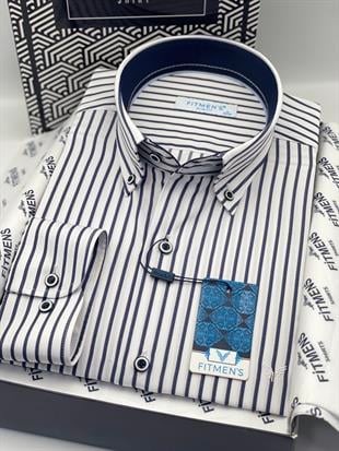 Slim Fit Uzun Kol Premium Kalın Çizgili Yaka Düğmeli Hediye Kutulu Kolay Ütülenebilir Erkek Gömlek FS-001375 - Beyaz Lacivert