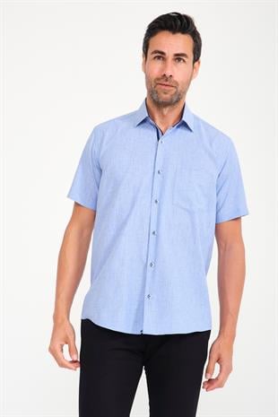 Klasik Kısa Kol Neon Çiçek Armür Hediye Kutulu Erkek Gömlek FS-001214 - Mavi