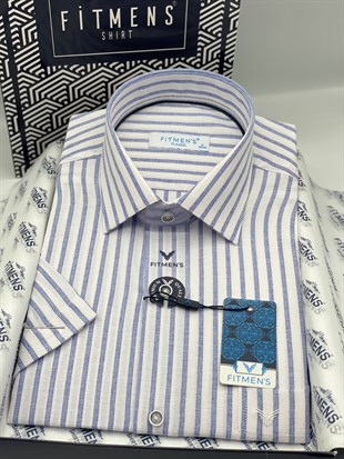 Klasik Kısa Kol Keten Cotton Nefes Alan Kumaş Hediye Kutulu Erkek Gömlek FS-004571 - Mavi