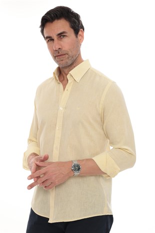Slim Fit Uzun Kol Yaka Düğmeli Nefes Alan Keten Hediye Kutulu Erkek Gömlek FS-004548 - Sarı