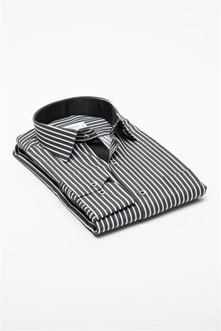 Klasik Uzun Kol Premium Kalın Çizgili Hediye Kutulu Erkek Gömlek FS-001266 - Siyah Beyaz