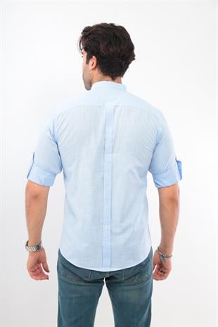 Hakim Yaka Slim Fit Keten Hediye Kutulu Erkek Gömlek FS-003042 - Mavi