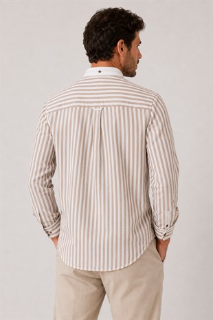 Slim Fit Uzun Kol Keten Likra Çift Desen Cepsiz Hediye Kutulu Erkek Gömlek FS-004577 - Bej
