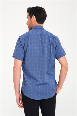 Klasik Kısa Kol Açık Zemin Kutu Desen Keten Cotton Hediye Kutulu Erkek Gömlek FS-000745 - Koyu Lacivert