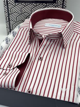 Klasik Uzun Kol Kalın Çizgili Hediye Kutulu Erkek Gömlek FS-001260 - Beyaz Bordo