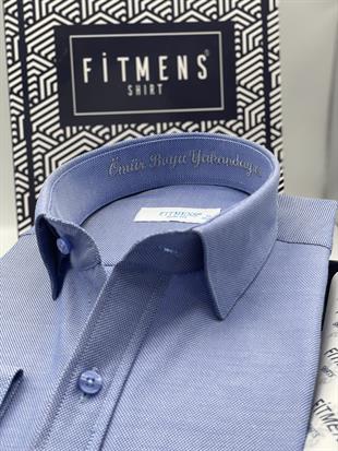 Slim Fit Uzun Kol Ömür Boyu Yakandayım Nakışlı Hediye Kutulu Erkek Gömlek FS-001376 - Saks Mavi