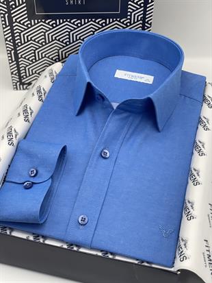 Slim Fit Uzun Kol Saten Hediye Kutulu Kolay Ütülenebilir Erkek Gömlek FS-002968 - Saks Mavi