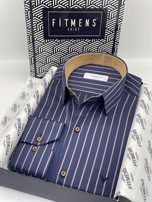 Klasik Uzun Kol Premium Çizgili Hediye Kutulu Erkek Gömlek FS-003565 - Lacivert Bej