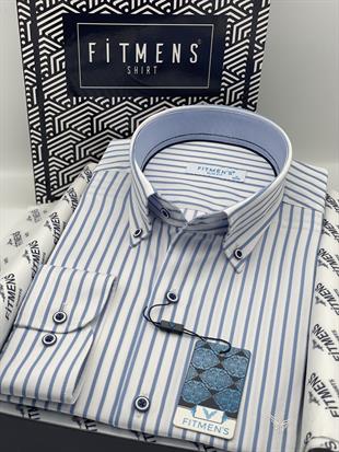 Slim Fit Uzun Kol Premium Kalın Çizgili Yaka Düğmeli Hediye Kutulu Kolay Ütülenebilir Erkek Gömlek FS-001375 - Beyaz Açık Mavi