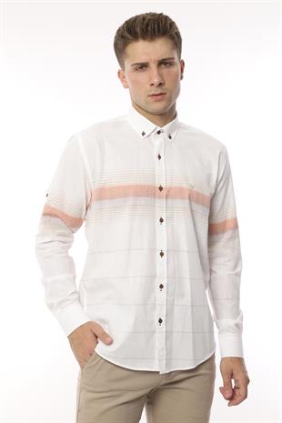 Slim Fit Uzun Kol Panolu Keten Hediye Kutulu Kolay Ütülenebilir Erkek Gömlek FS-002994 - Bej