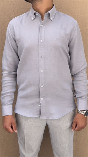 Slim Fit Uzun Kol Müslin Pamuk Rahat Nefes Alabilen Kumaştan Yaka Düğmeli Hediye Kutulu Erkek Gömlek FS-004202 - Gri