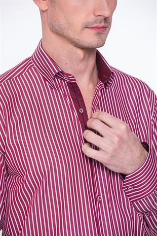 Klasik Uzun Kol Premium Kalın Çizgili Hediye Kutulu Erkek Gömlek FS-001266 - Bordo Beyaz