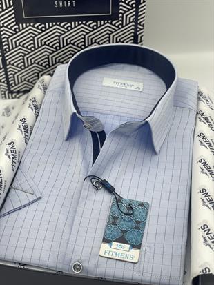 Klasik Kısa Kol Kareli Hediye Kutulu Erkek Gömlek FS-004160 - Mavi