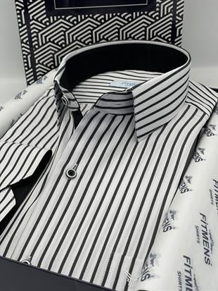 Klasik Uzun Kol Kalın Çizgili Hediye Kutulu Erkek Gömlek FS-001260 - Beyaz Siyah
