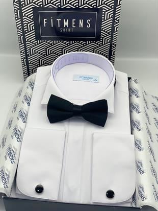 Slim Fit Uzun Kol Ata Yaka Gizli Düğmeli Smokin Damatlık Erkek Gömlek FS-004297 - Beyaz