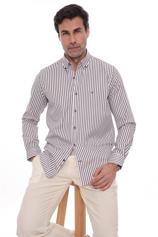 Slim Fit Uzun Kol Likralı Çizgili Yaka Düğmeli Hediye Kutulu Erkek Gömlek FS-003669 - Kahverengi