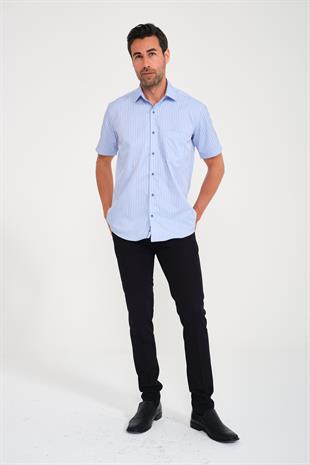 Klasik Kısa Kol Kalın Çizgili Hediye Kutulu Erkek Gömlek FS-000702 - Açık Mavi