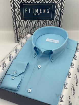 Slim Fit Uzun Kol Pamuklu Hediye Kutulu Kolay Ütülenebilir Erkek Gömlek FS-002225 - Turkuaz