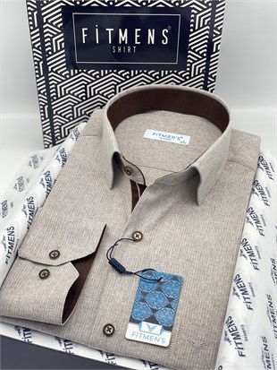 Klasik Uzun Kol Keten Cotton Hediye Kutulu Erkek Gömlek FS-001261 - Bej