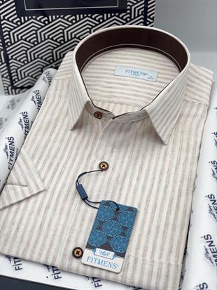 Klasik Kısa Kol Çizgili Hediye Kutulu Erkek Gömlek FS-004167 - Bej