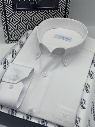 Klasik Uzun Kol Pamuklu Yaka Düğmeli Hediye Kutulu Kolay Ütülenebilir Erkek Gömlek FS-003897 - Beyaz