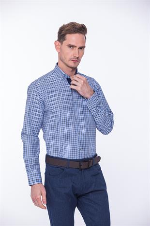 Klasik Uzun Kol King Kareli Hediye Kutulu Erkek Gömlek FS-001258 - Saks Mavi